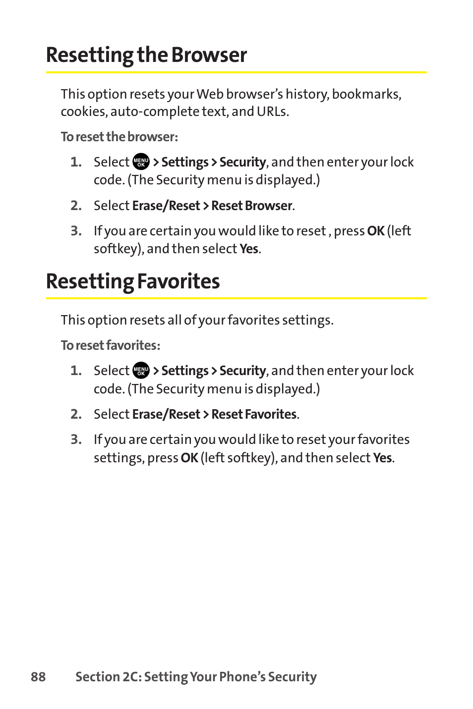 Resetting the browser, Resetting favorites | Sprint Nextel SCP-8400 User Manual | Page 104 / 282