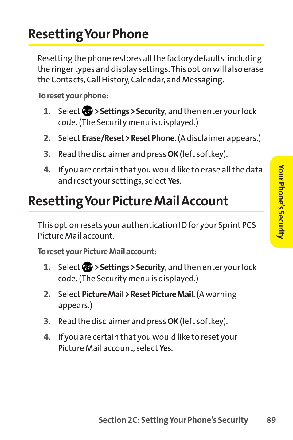 Resetting your phone, Resetting your picture mail account | Sprint Nextel SCP-8400 User Manual | Page 105 / 282