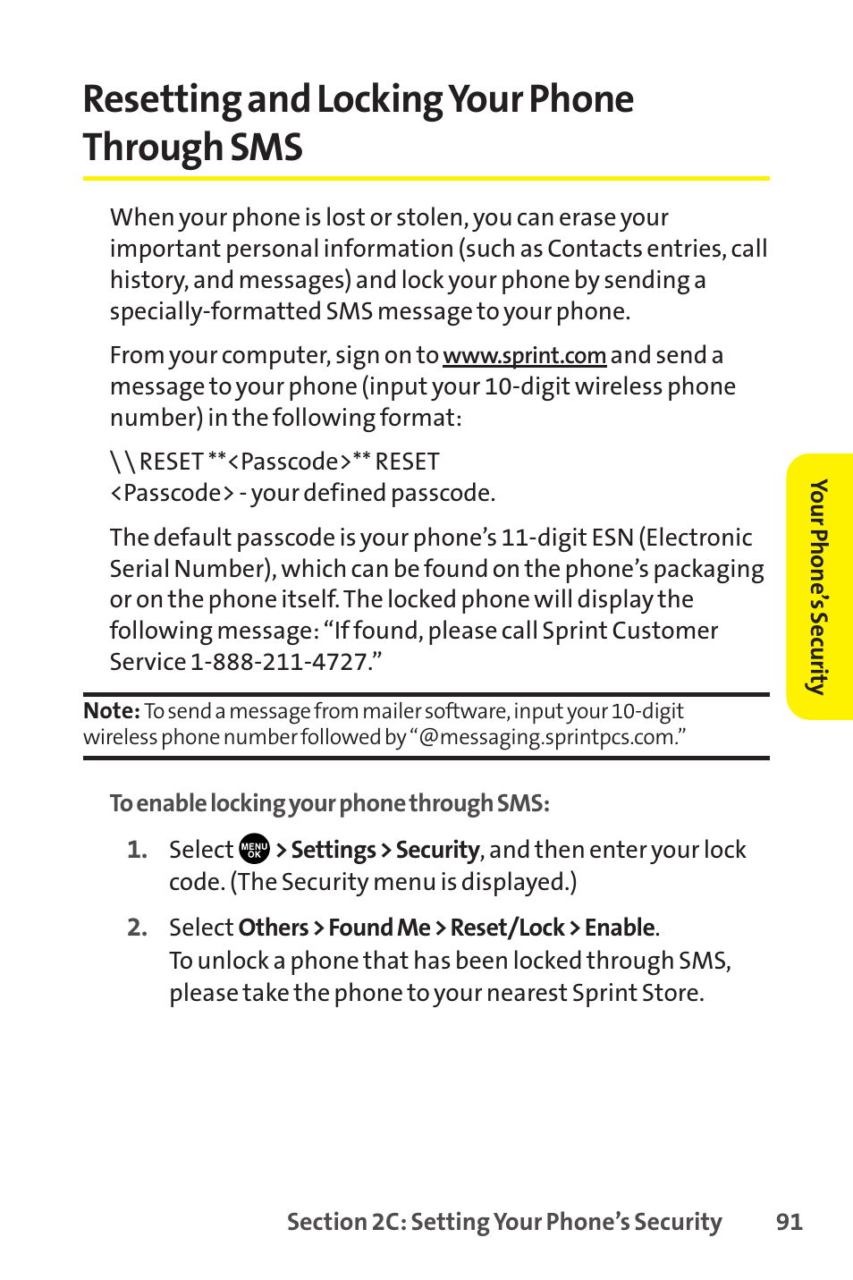 Resetting and locking your phone through sms | Sprint Nextel SCP-8400 User Manual | Page 107 / 282