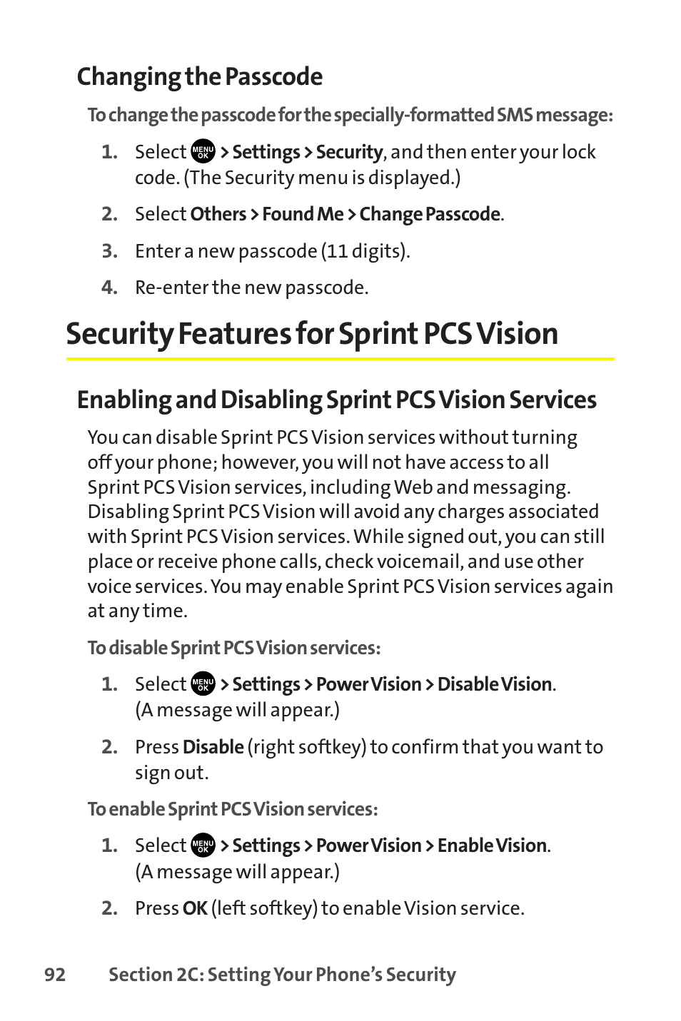 Security features for sprint pcs vision, Changing the passcode, Enabling and disabling sprint pcs vision services | Sprint Nextel SCP-8400 User Manual | Page 108 / 282