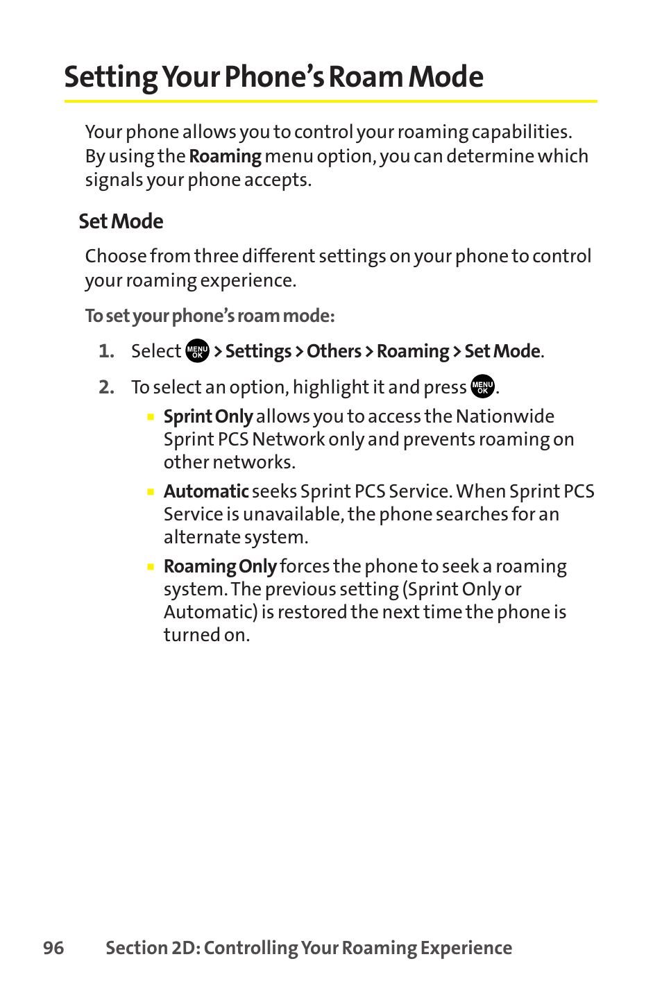 Setting your phone ’s roam mode, Setting your phone’s roam mode | Sprint Nextel SCP-8400 User Manual | Page 112 / 282