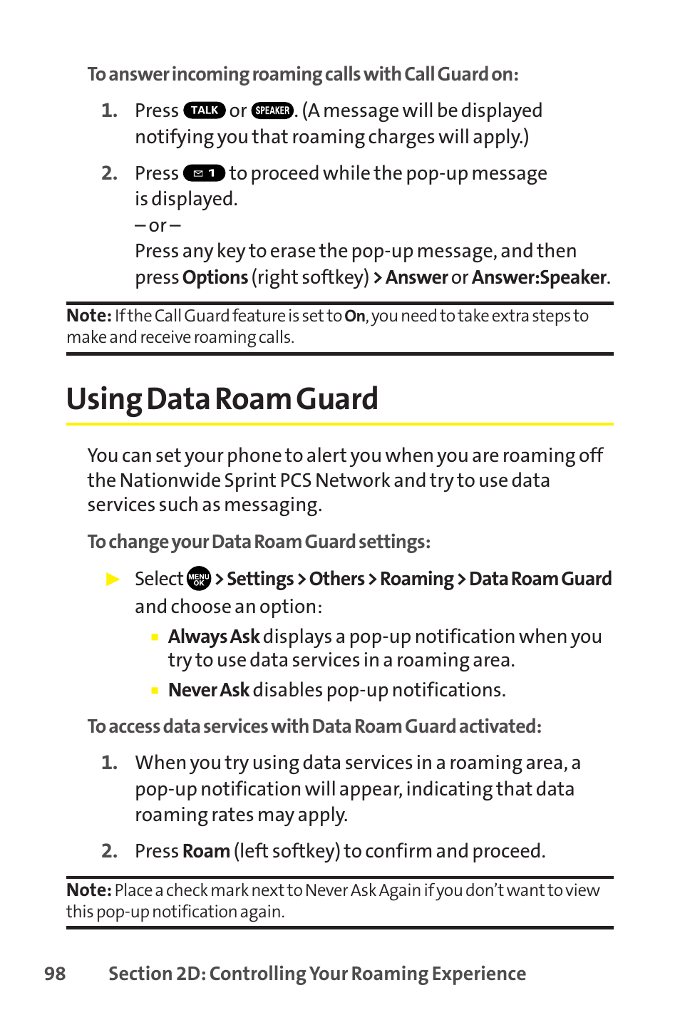 Using data roam guard | Sprint Nextel SCP-8400 User Manual | Page 114 / 282