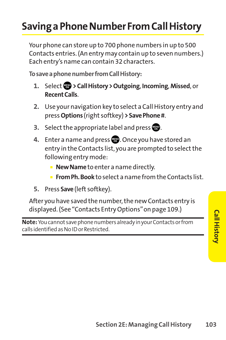 Saving a phone number from call history | Sprint Nextel SCP-8400 User Manual | Page 119 / 282