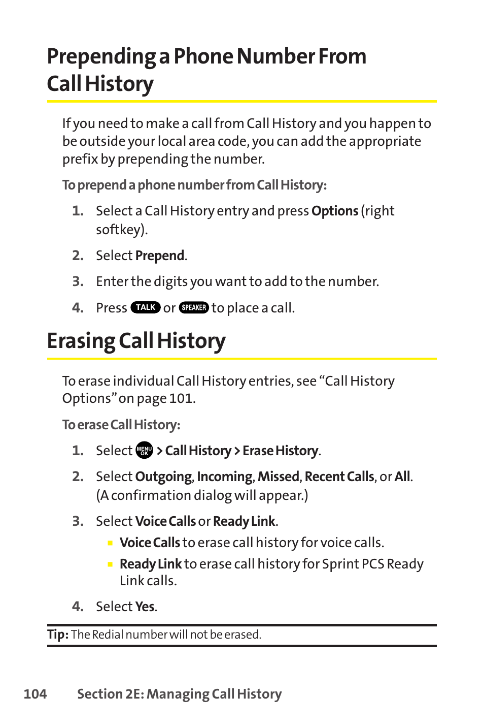 Prepending a phone number from call history, Erasing call history | Sprint Nextel SCP-8400 User Manual | Page 120 / 282