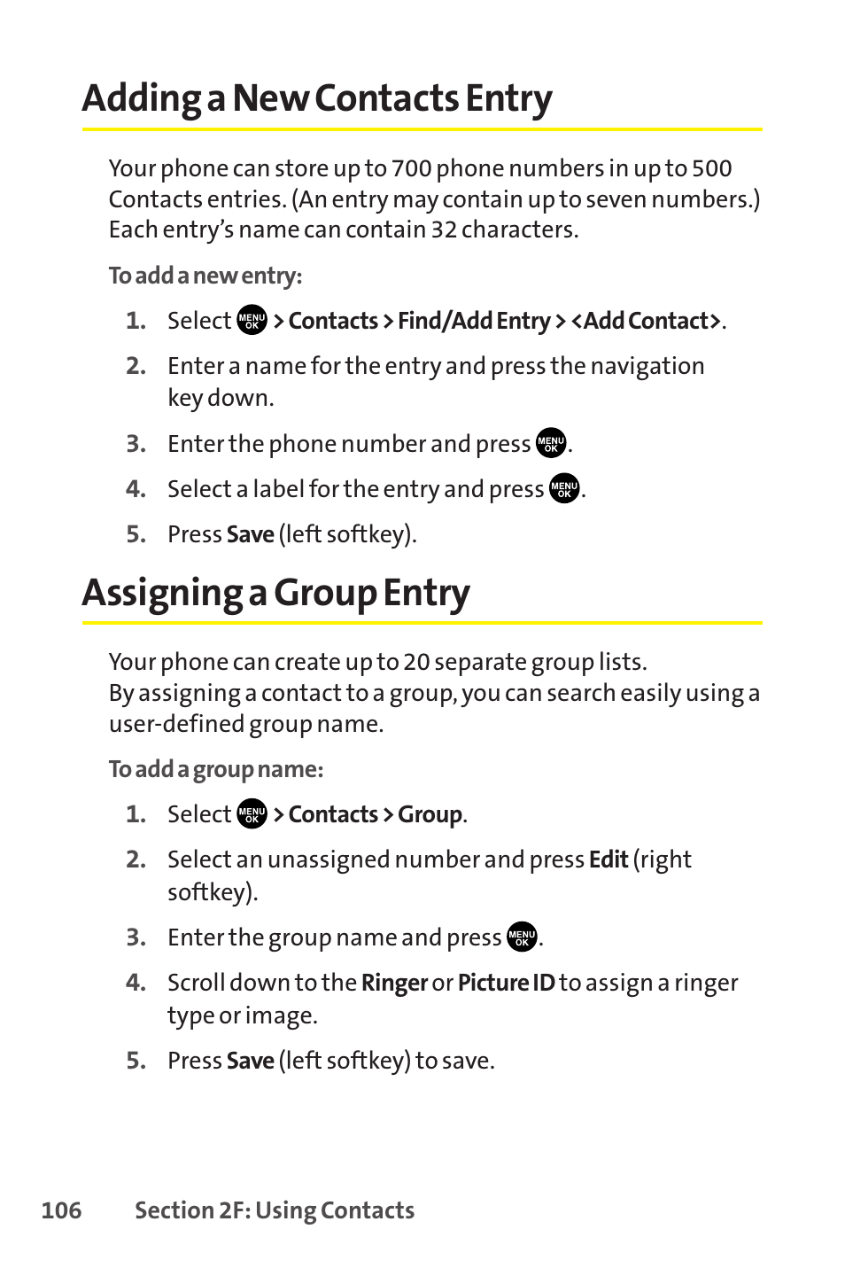 Adding a new contacts entry, Assigning a group entry | Sprint Nextel SCP-8400 User Manual | Page 122 / 282