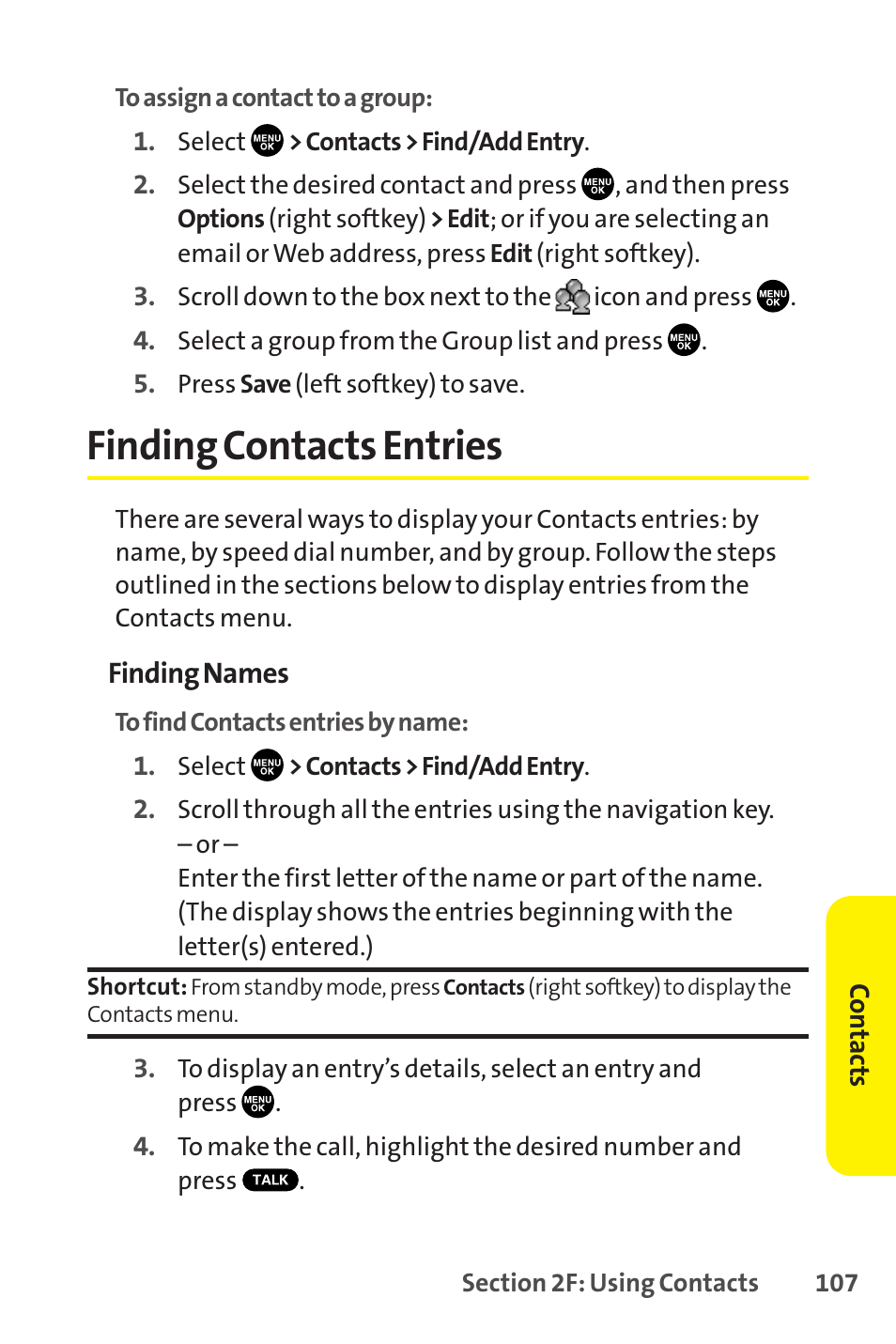 Finding contacts entries | Sprint Nextel SCP-8400 User Manual | Page 123 / 282