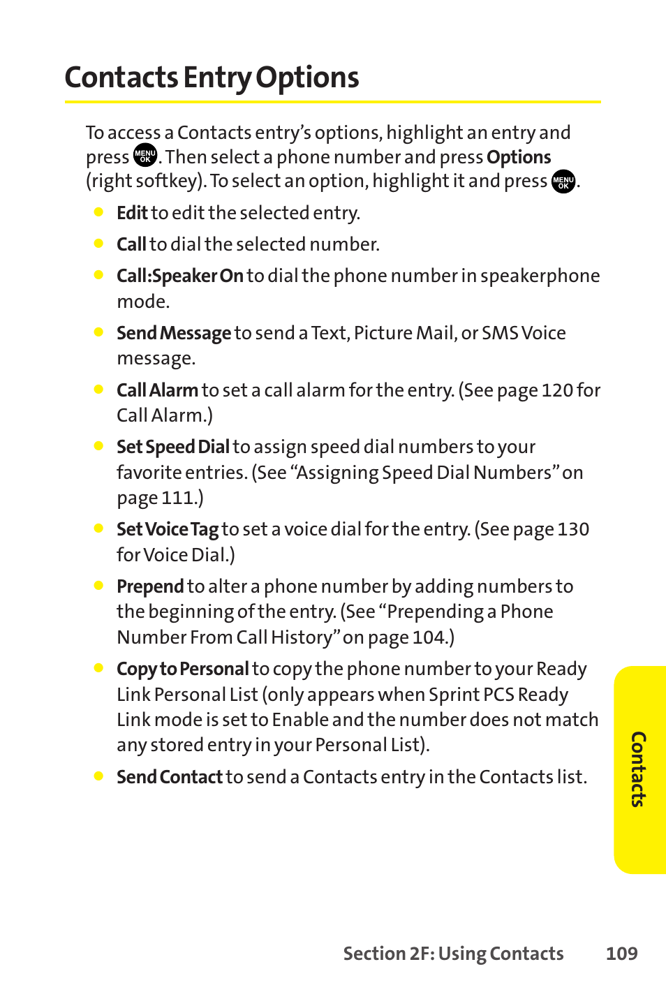 Contacts entry options, Co n tac ts | Sprint Nextel SCP-8400 User Manual | Page 125 / 282