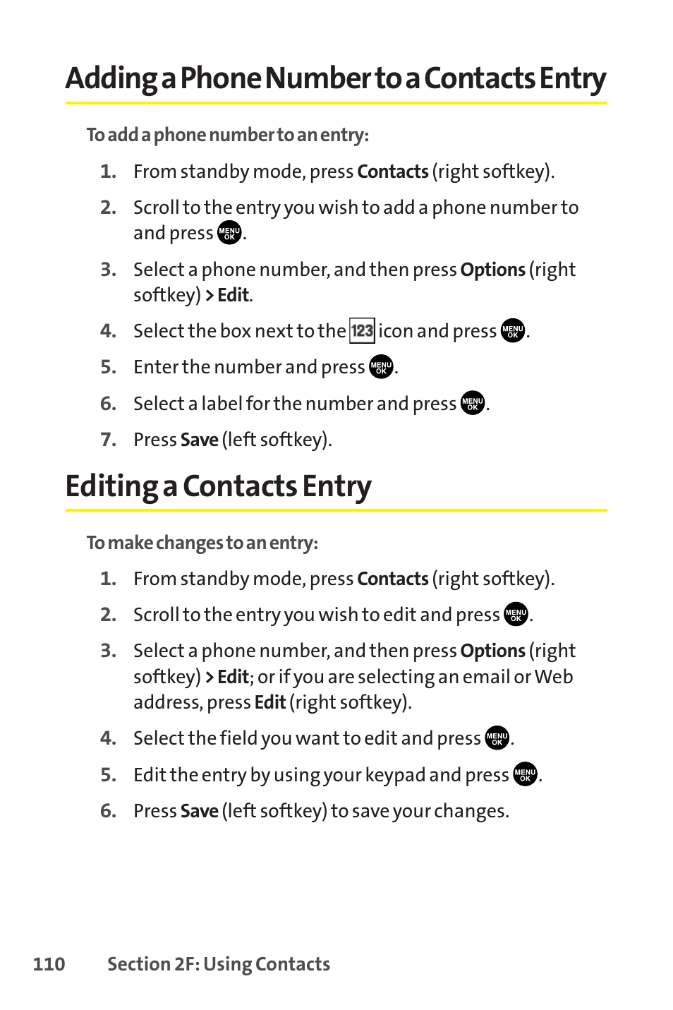 Adding a phone number to a contacts entry, Editing a contacts entry | Sprint Nextel SCP-8400 User Manual | Page 126 / 282