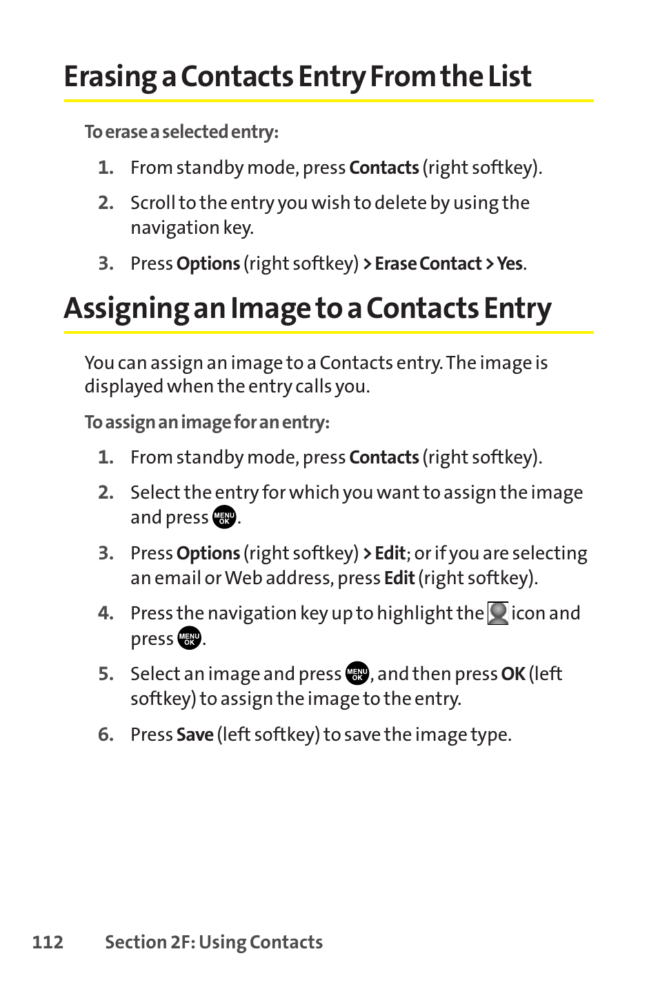 Erasing a contacts entry from the list, Assigning an image to a contacts entry | Sprint Nextel SCP-8400 User Manual | Page 128 / 282