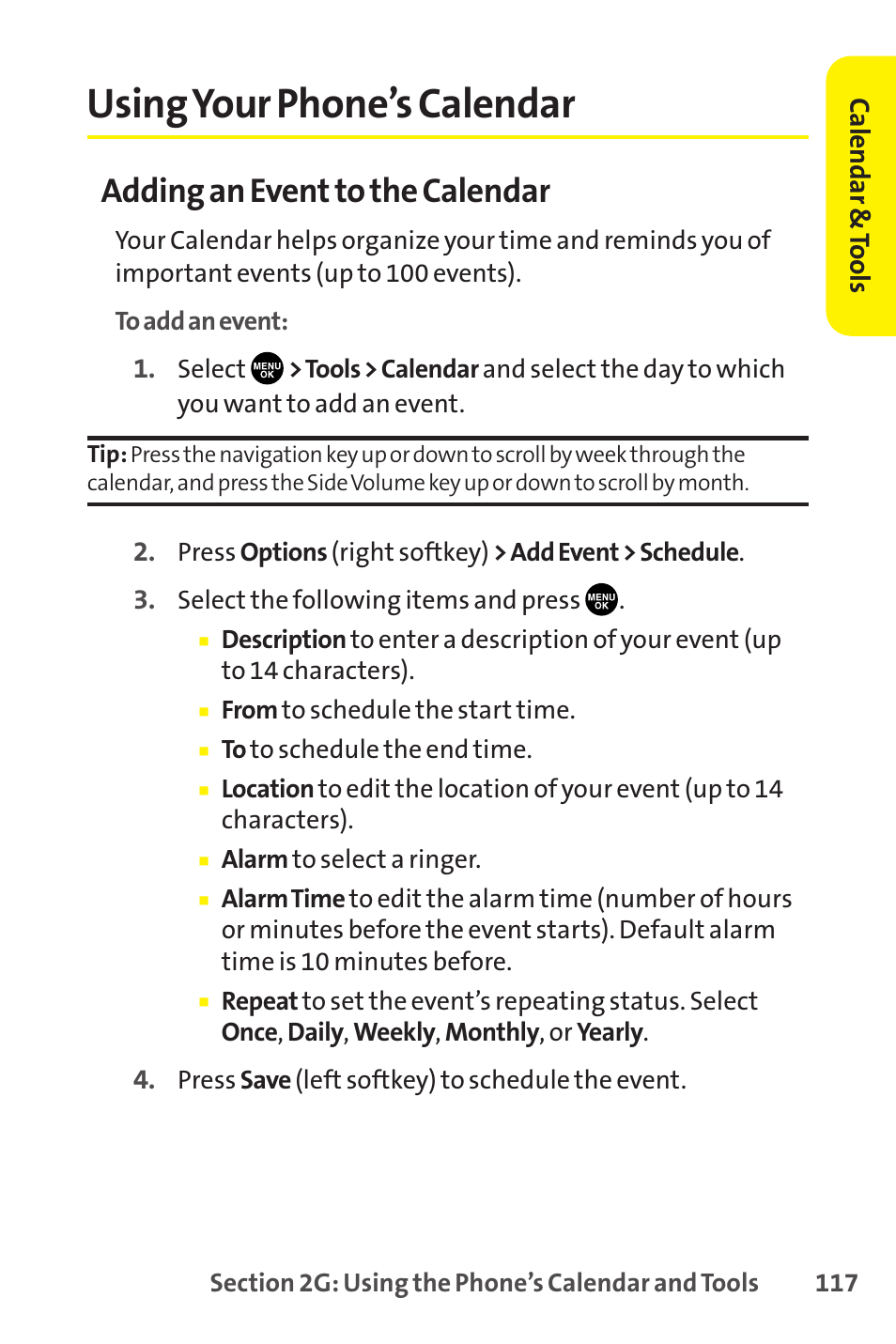 Using your phone ’s calendar, Using your phone’s calendar, Adding an event to the calendar | Sprint Nextel SCP-8400 User Manual | Page 133 / 282