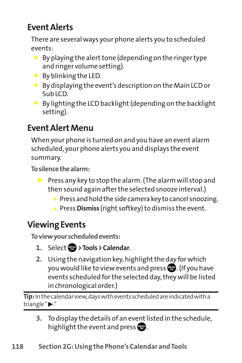 Event alerts, Event alert menu, Viewing events | Sprint Nextel SCP-8400 User Manual | Page 134 / 282