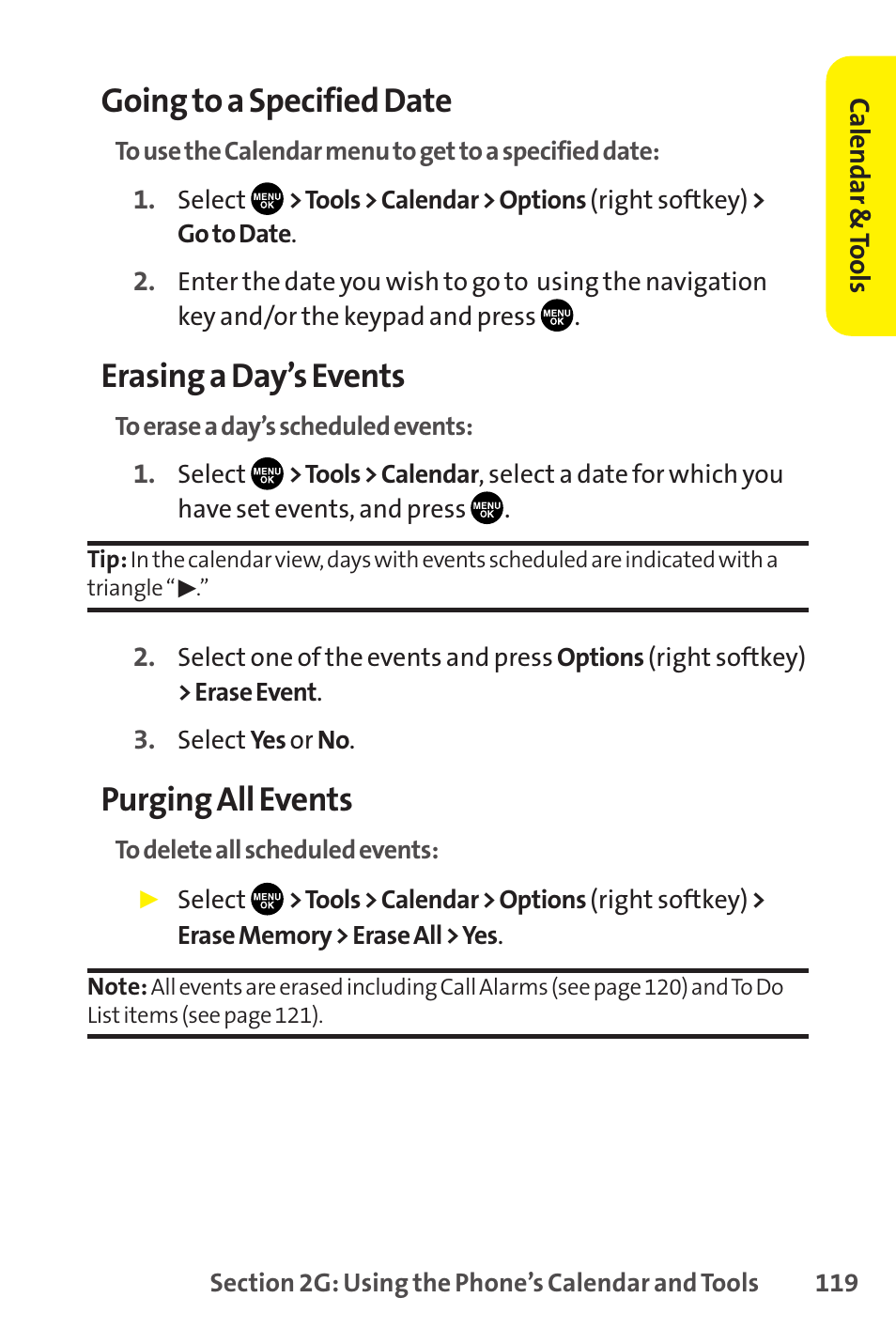 Going to a specified date, Erasing a day’s events, Purging all events | Sprint Nextel SCP-8400 User Manual | Page 135 / 282