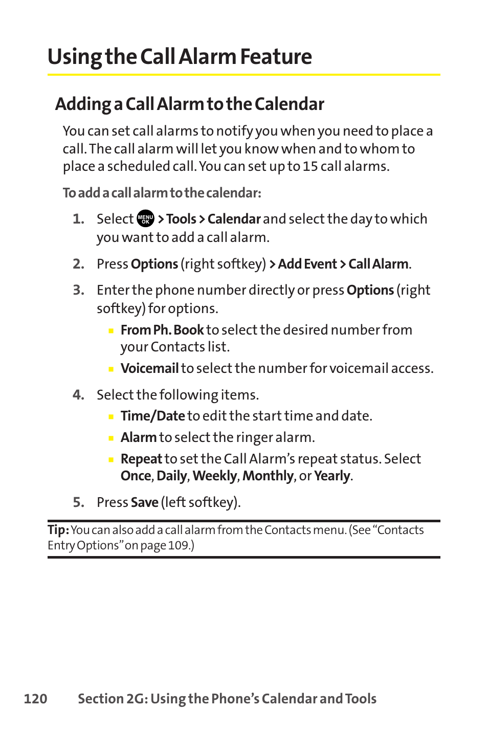 Using the call alarm feature, Adding a call alarm to the calendar | Sprint Nextel SCP-8400 User Manual | Page 136 / 282