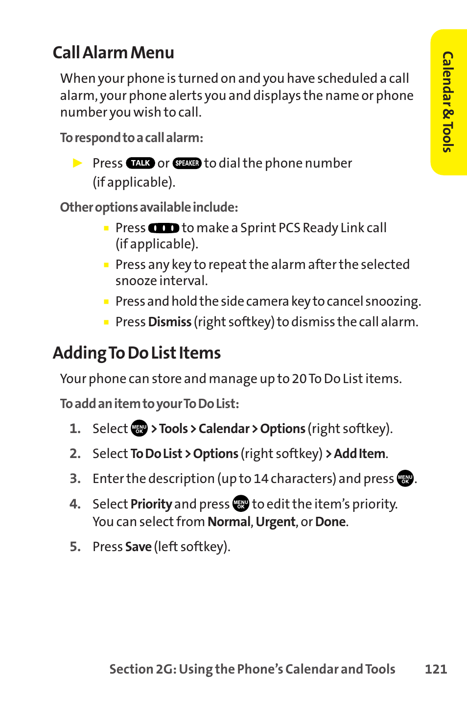 Call alarm menu, Adding to do list items | Sprint Nextel SCP-8400 User Manual | Page 137 / 282