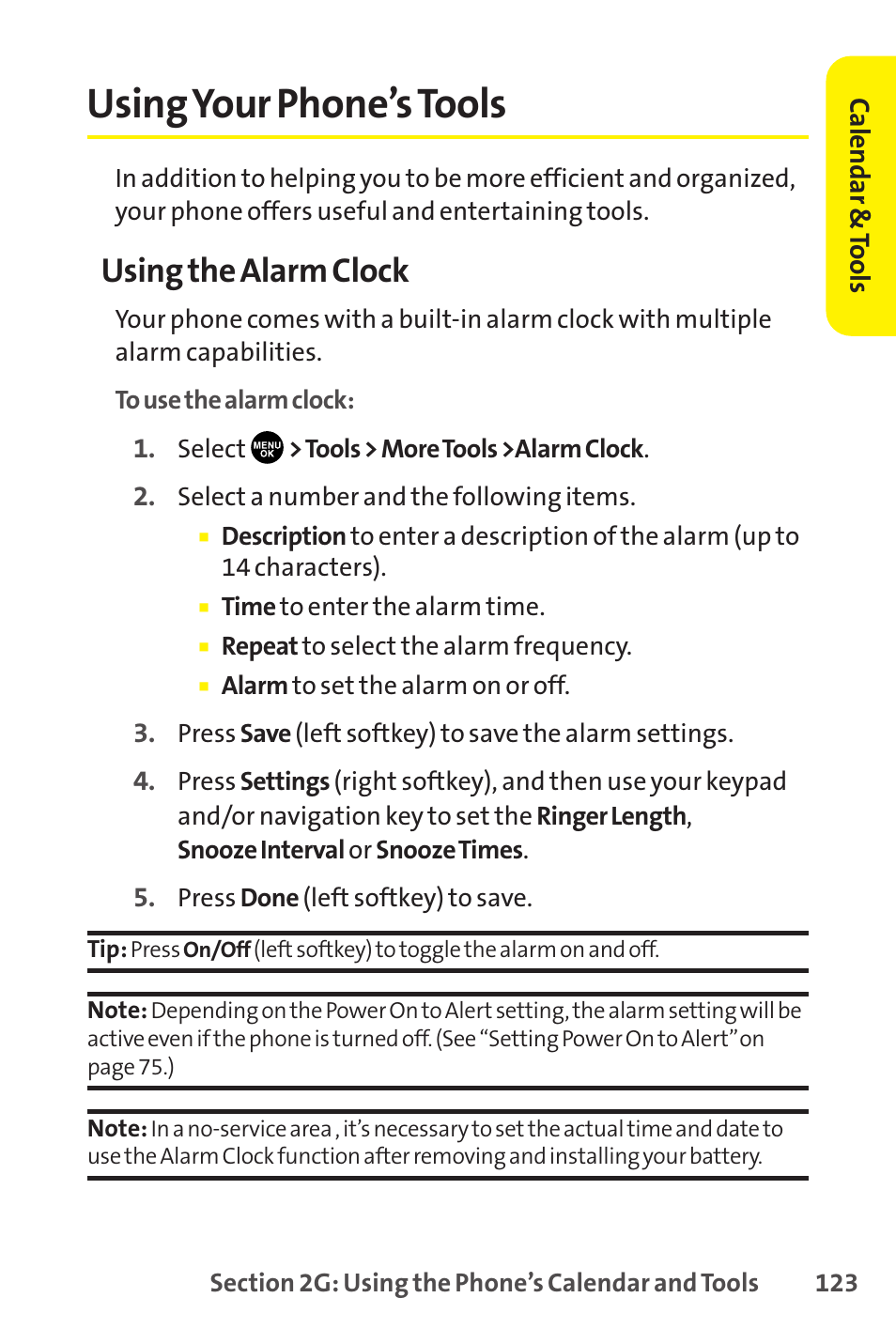 Using your phone ’s tools, Using your phone’s tools, Using the alarm clock | Sprint Nextel SCP-8400 User Manual | Page 139 / 282