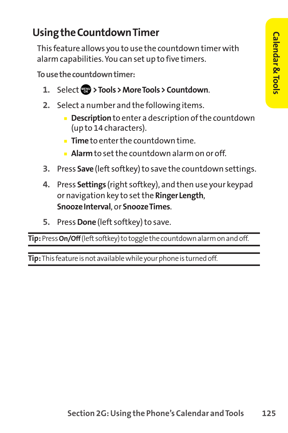 Using the countdown timer | Sprint Nextel SCP-8400 User Manual | Page 141 / 282