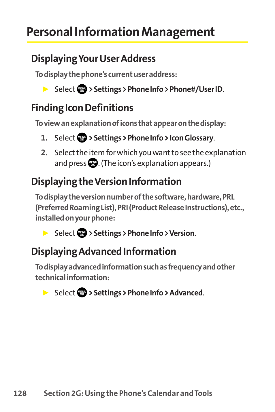 Personal information management, Displaying your user address, Finding icon definitions | Displaying the version information, Displaying advanced information | Sprint Nextel SCP-8400 User Manual | Page 144 / 282