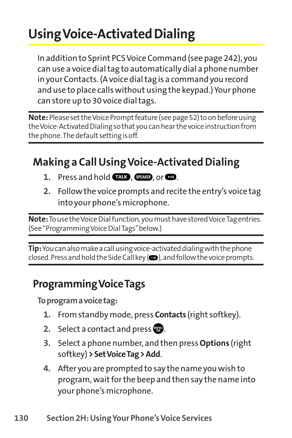 Using voice-activated dialing, Making a call using voice-activated dialing, Programming voice tags | Sprint Nextel SCP-8400 User Manual | Page 146 / 282