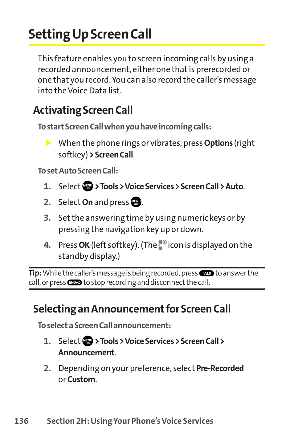 Setting up screen call, Activating screen call, Selecting an announcement for screen call | Sprint Nextel SCP-8400 User Manual | Page 152 / 282