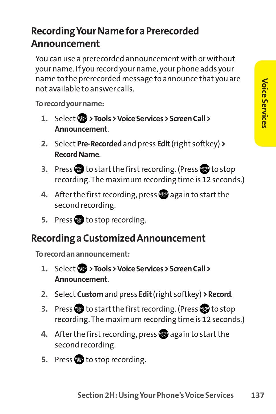 Recording your name for a prerecorded announcement, Recording a customized announcement | Sprint Nextel SCP-8400 User Manual | Page 153 / 282