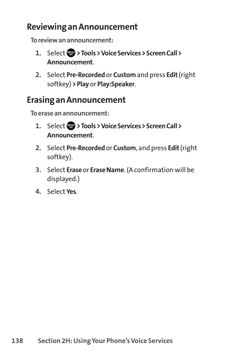 Reviewing an announcement, Erasing an announcement | Sprint Nextel SCP-8400 User Manual | Page 154 / 282