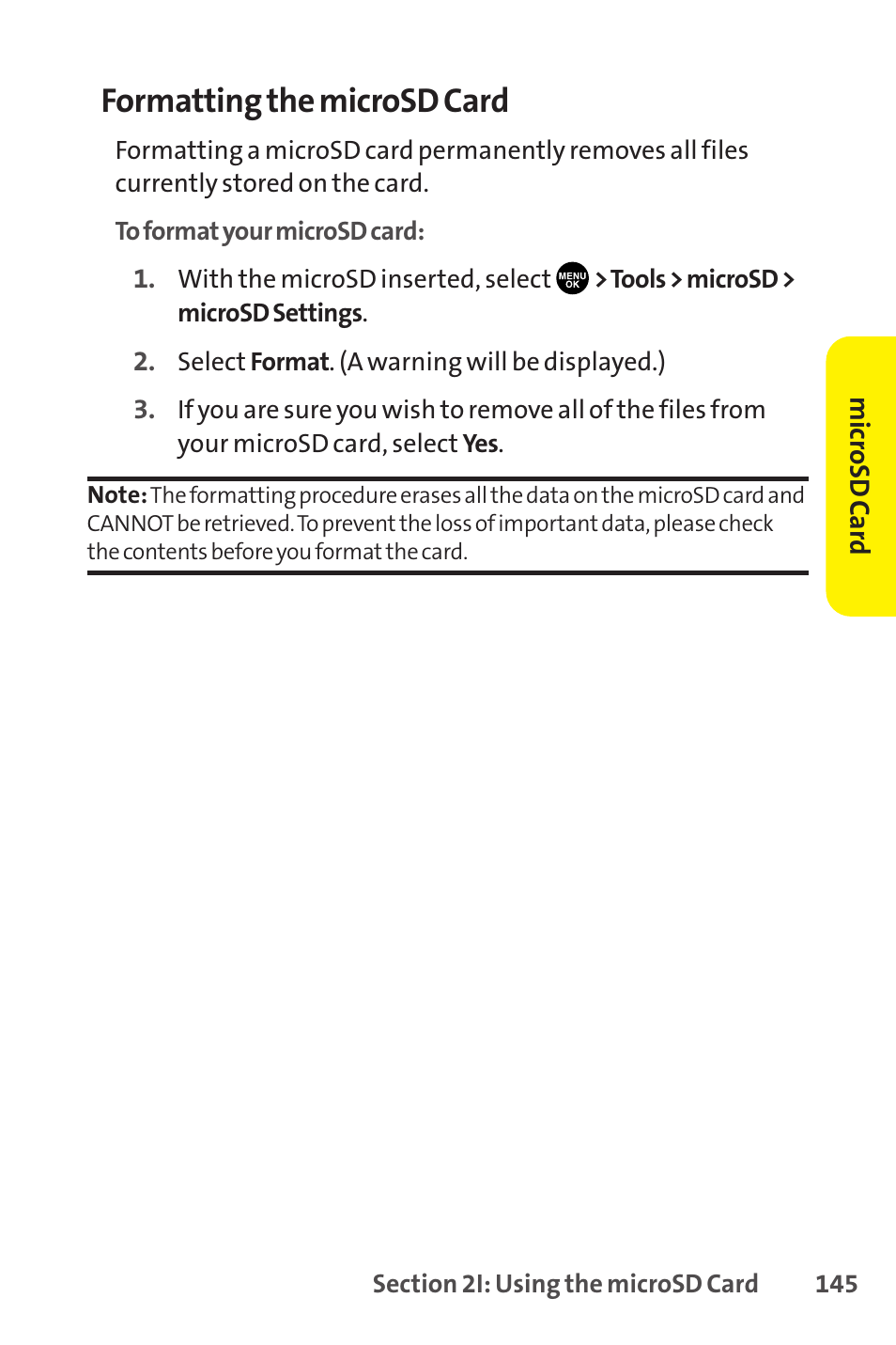 Formatting the microsd card | Sprint Nextel SCP-8400 User Manual | Page 161 / 282