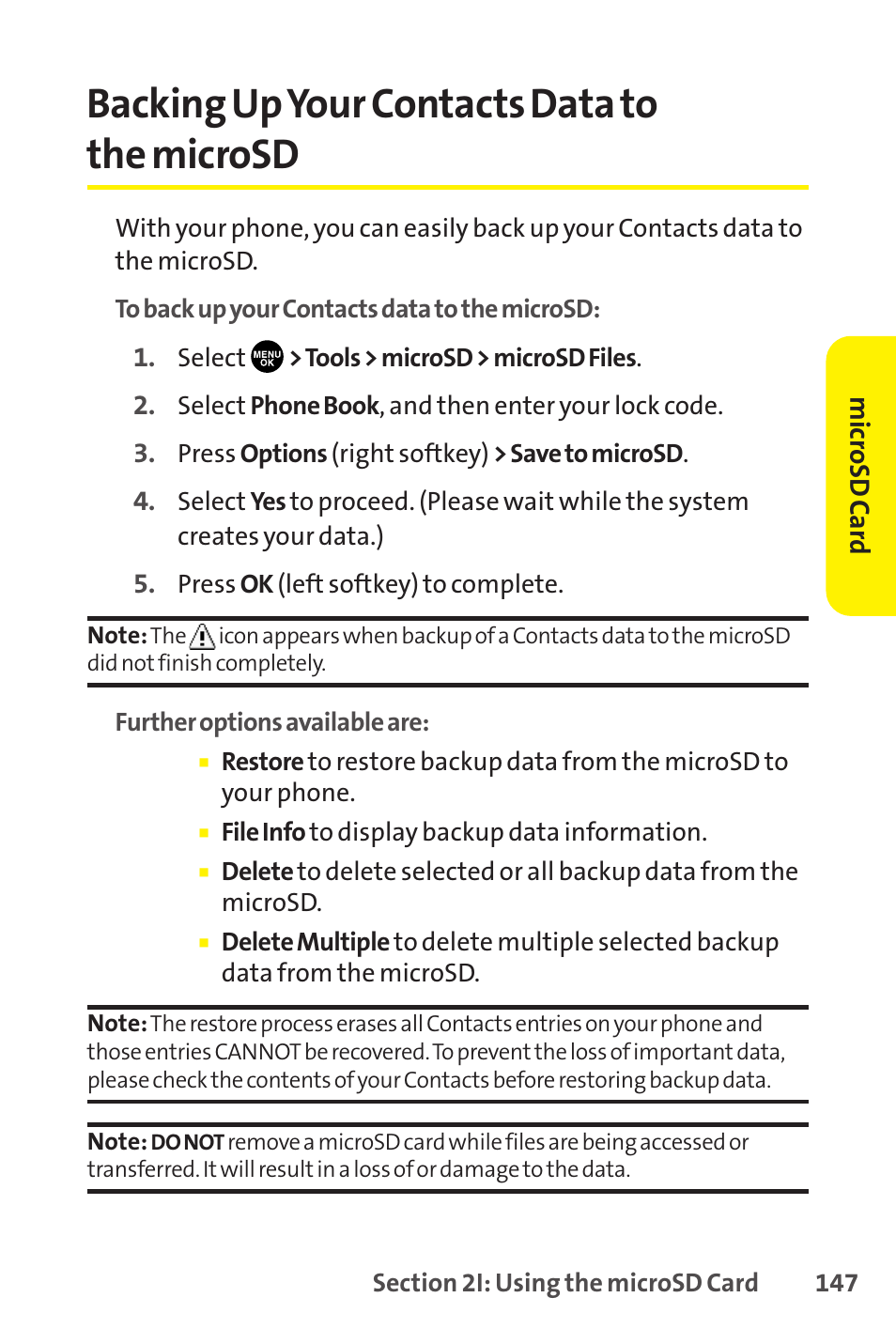 Backing up your contacts data to the microsd | Sprint Nextel SCP-8400 User Manual | Page 163 / 282