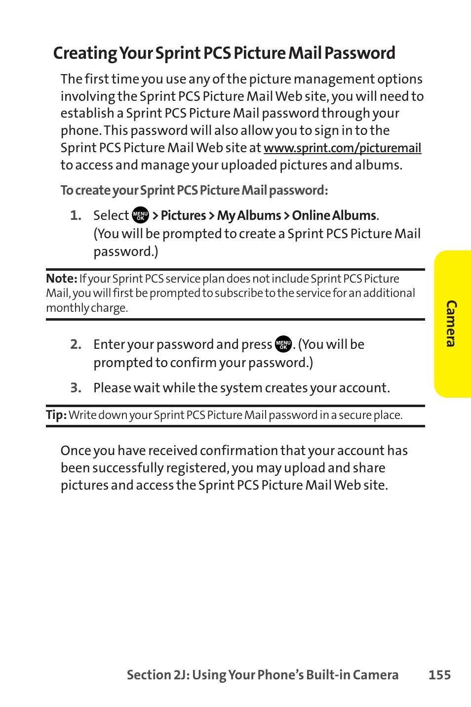 Creating your sprint pcs picture mail password | Sprint Nextel SCP-8400 User Manual | Page 171 / 282