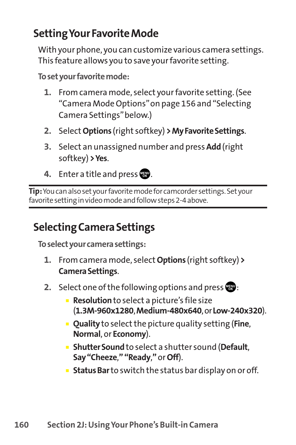 Setting your favorite mode, Selecting camera settings | Sprint Nextel SCP-8400 User Manual | Page 176 / 282