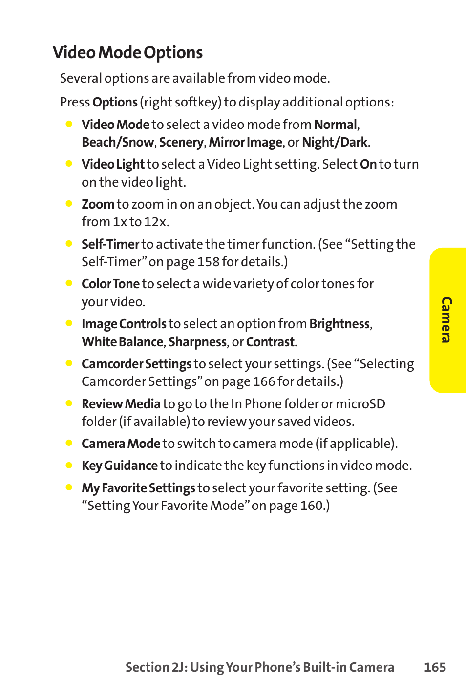 Video mode options, Camer a | Sprint Nextel SCP-8400 User Manual | Page 181 / 282