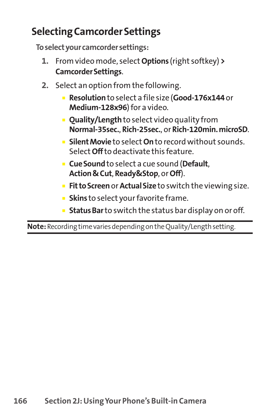 Selecting camcorder settings | Sprint Nextel SCP-8400 User Manual | Page 182 / 282