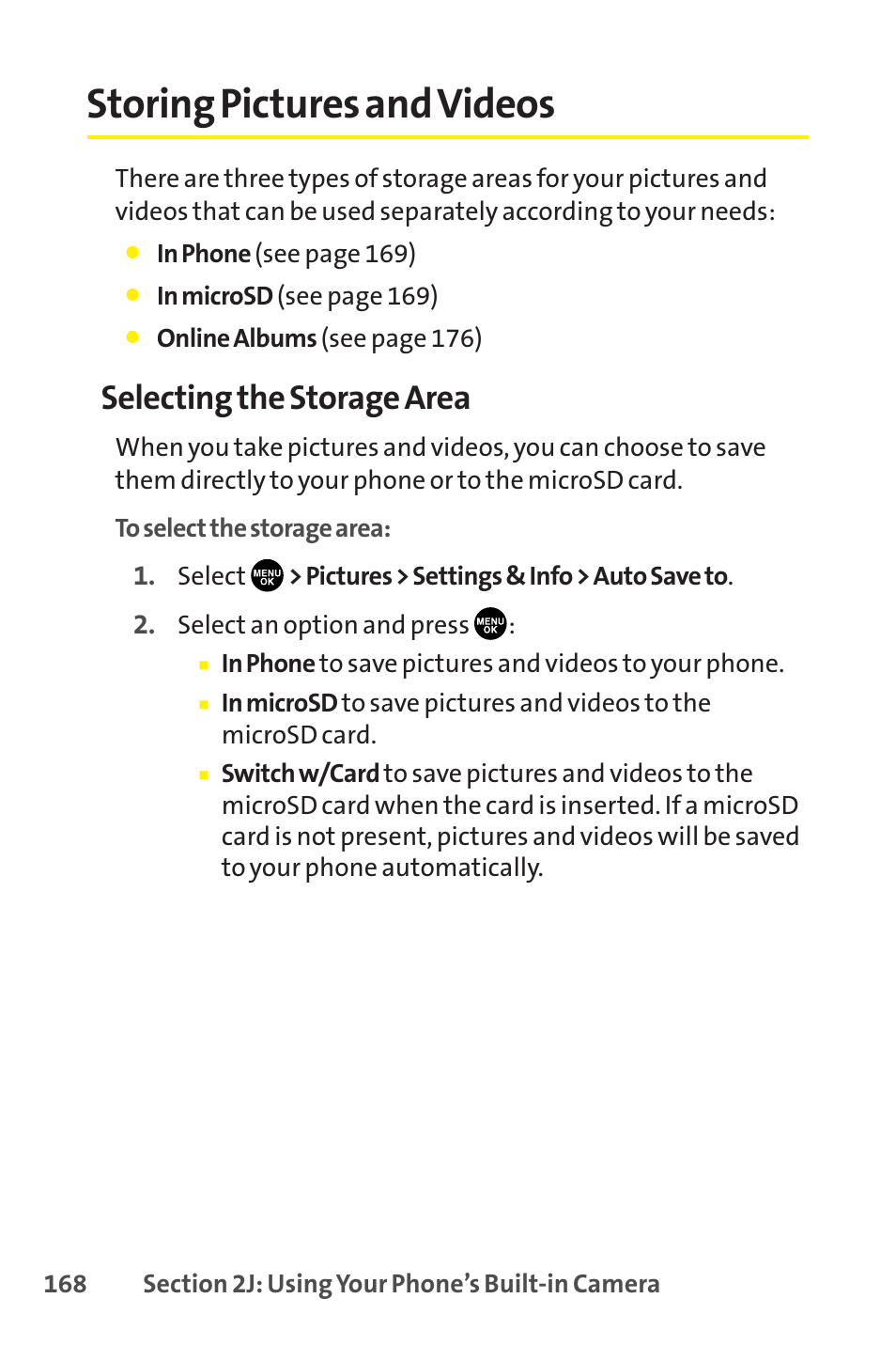 Storing pictures and videos, Selecting the storage area | Sprint Nextel SCP-8400 User Manual | Page 184 / 282