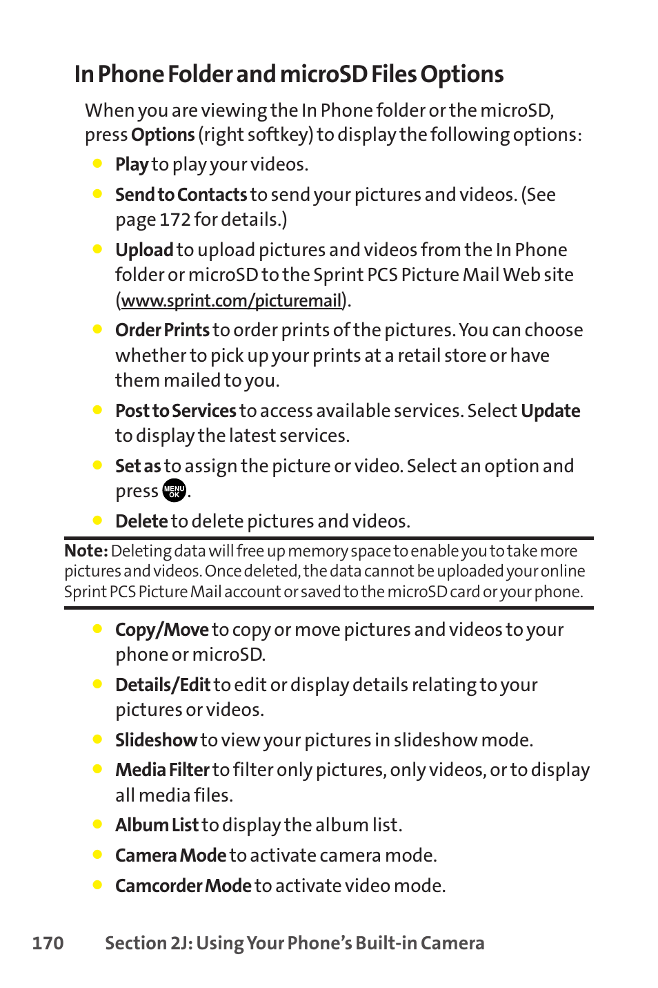 Play to play your videos, Delete to delete pictures and videos, Slideshow to view your pictures in slideshow mode | Album list to display the album list, Camera mode to activate camera mode, Camcorder mode to activate video mode | Sprint Nextel SCP-8400 User Manual | Page 186 / 282