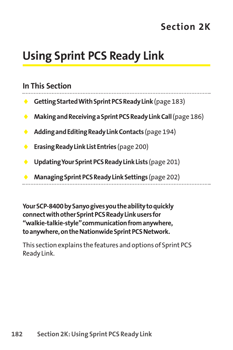 2k. using sprint pcs ready link, Using sprint pcs ready link | Sprint Nextel SCP-8400 User Manual | Page 198 / 282