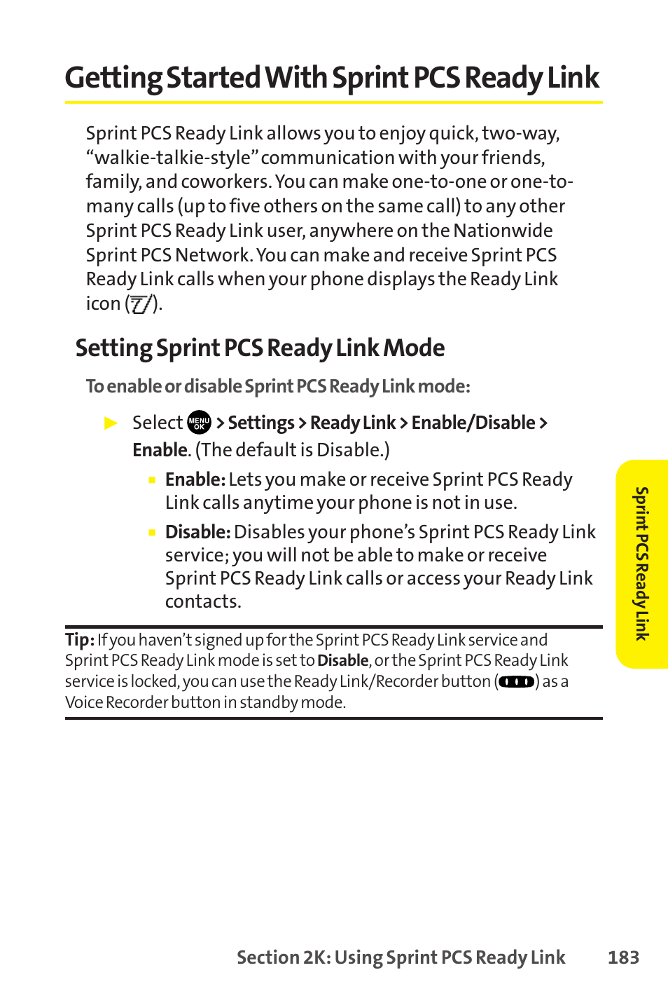 Getting started with sprint pcs ready link, Setting sprint pcs ready link mode | Sprint Nextel SCP-8400 User Manual | Page 199 / 282