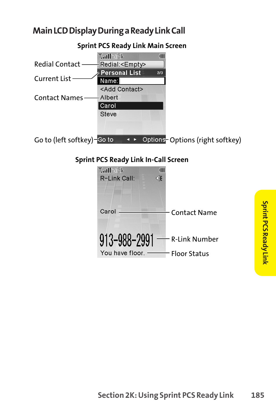 Main lcd display during a ready link call | Sprint Nextel SCP-8400 User Manual | Page 201 / 282