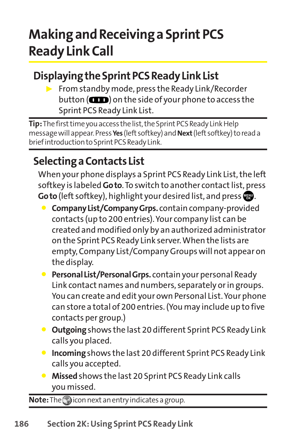 Making and receiving a sprint pcs ready link call, Displaying the sprint pcs ready link list, Selecting a contacts list | Sprint Nextel SCP-8400 User Manual | Page 202 / 282