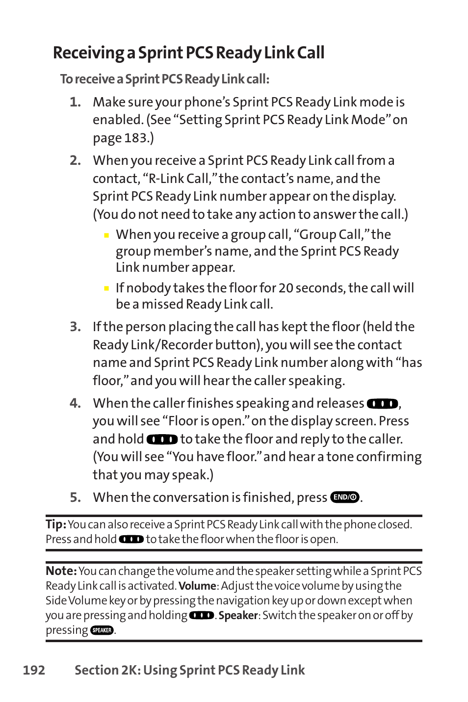 Receiving a sprint pcs ready link call | Sprint Nextel SCP-8400 User Manual | Page 208 / 282