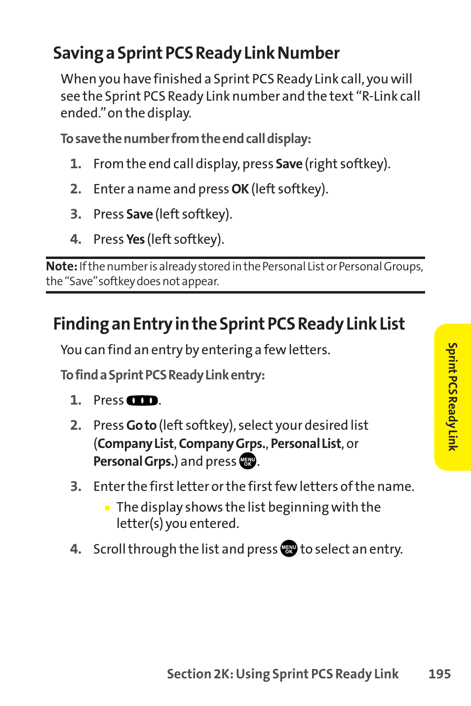 Saving a sprint pcs ready link number, Finding an entry in the sprint pcs ready link list | Sprint Nextel SCP-8400 User Manual | Page 211 / 282