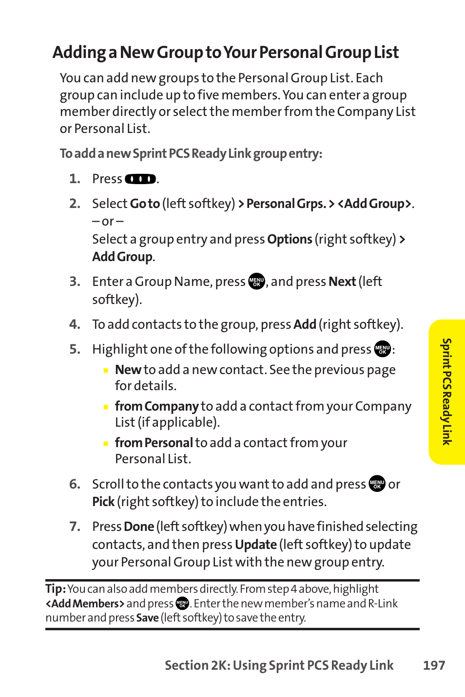 Adding a new group to your personal group list | Sprint Nextel SCP-8400 User Manual | Page 213 / 282