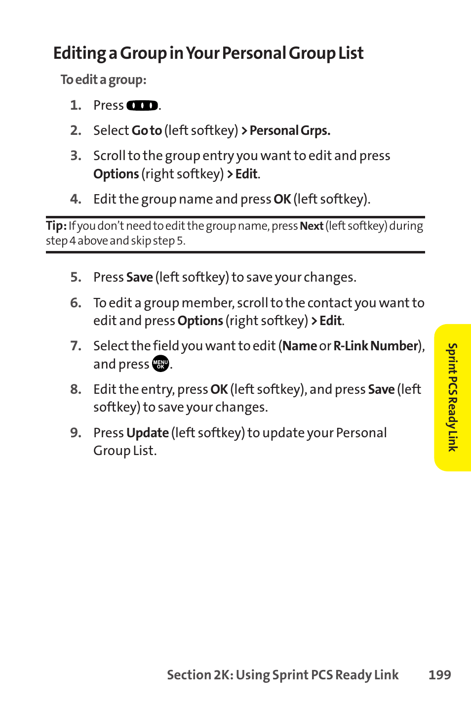 Editing a group in your personal group list | Sprint Nextel SCP-8400 User Manual | Page 215 / 282