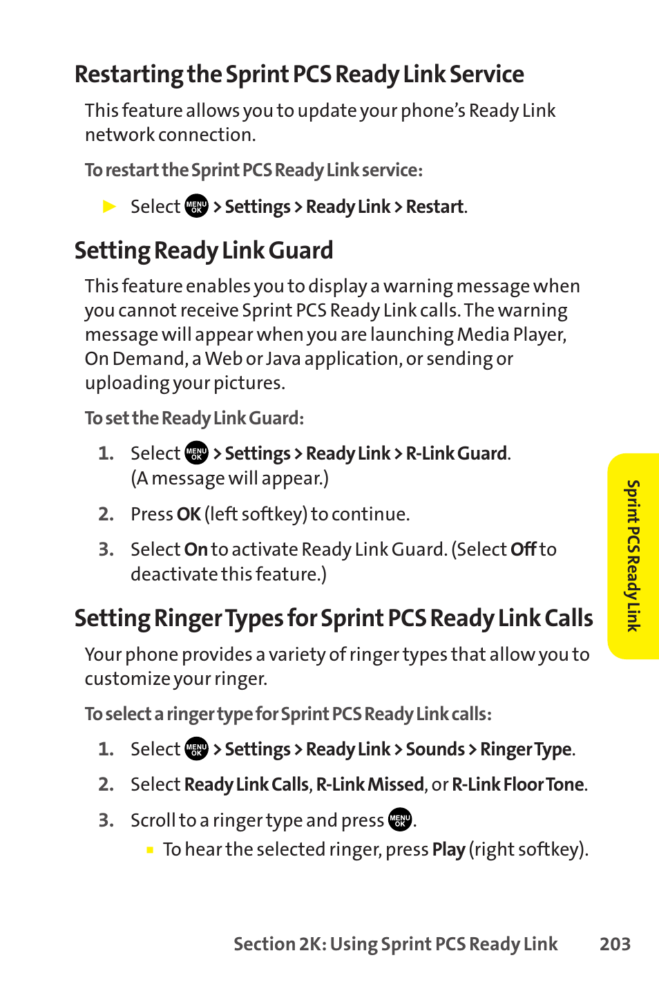 Restarting the sprint pcs ready link service, Setting ready link guard | Sprint Nextel SCP-8400 User Manual | Page 219 / 282