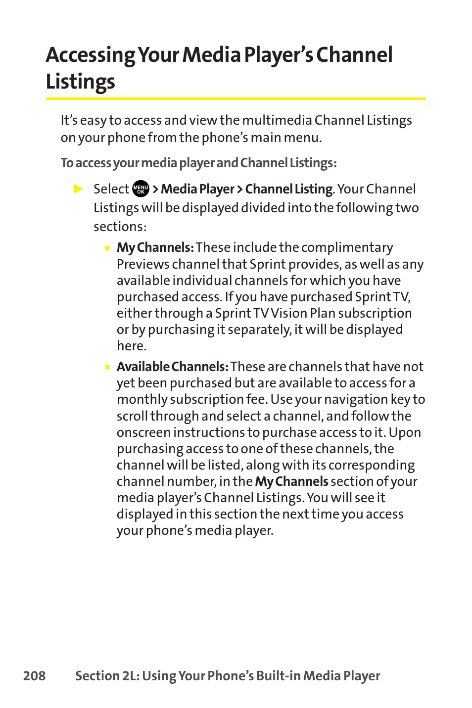 Accessing your media player ’s channel listings, Accessing your media player’s channel listings | Sprint Nextel SCP-8400 User Manual | Page 224 / 282