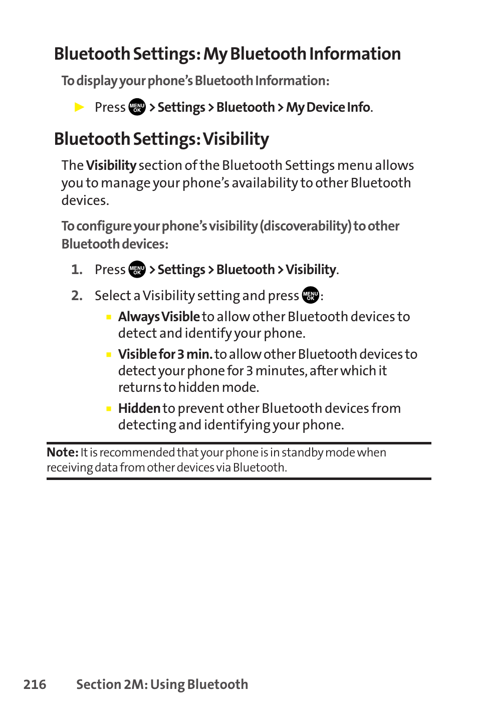 Bluetooth settings: my bluetooth information, Bluetooth settings: visibility | Sprint Nextel SCP-8400 User Manual | Page 232 / 282