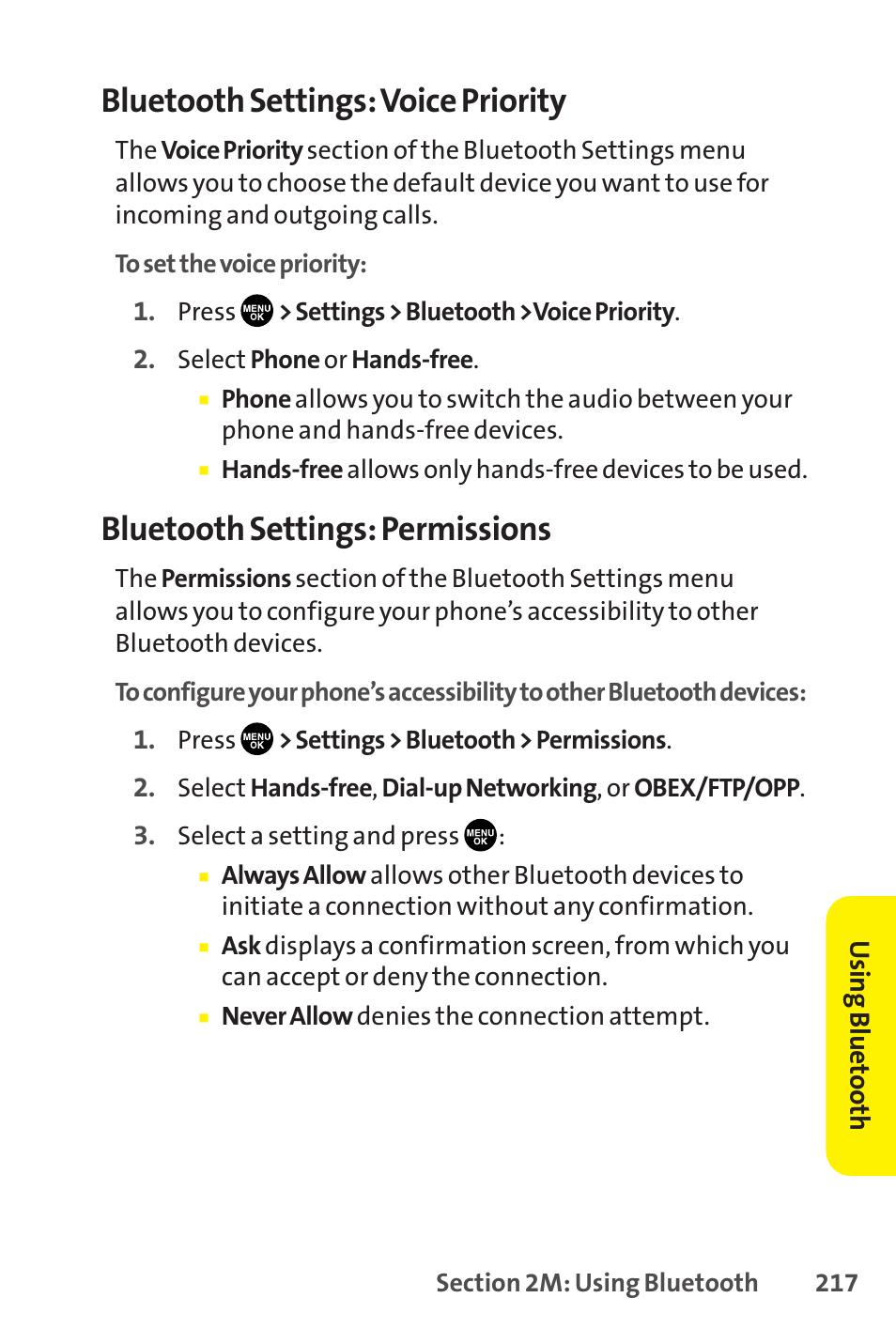 Bluetooth settings: voice priority, Bluetooth settings: permissions | Sprint Nextel SCP-8400 User Manual | Page 233 / 282