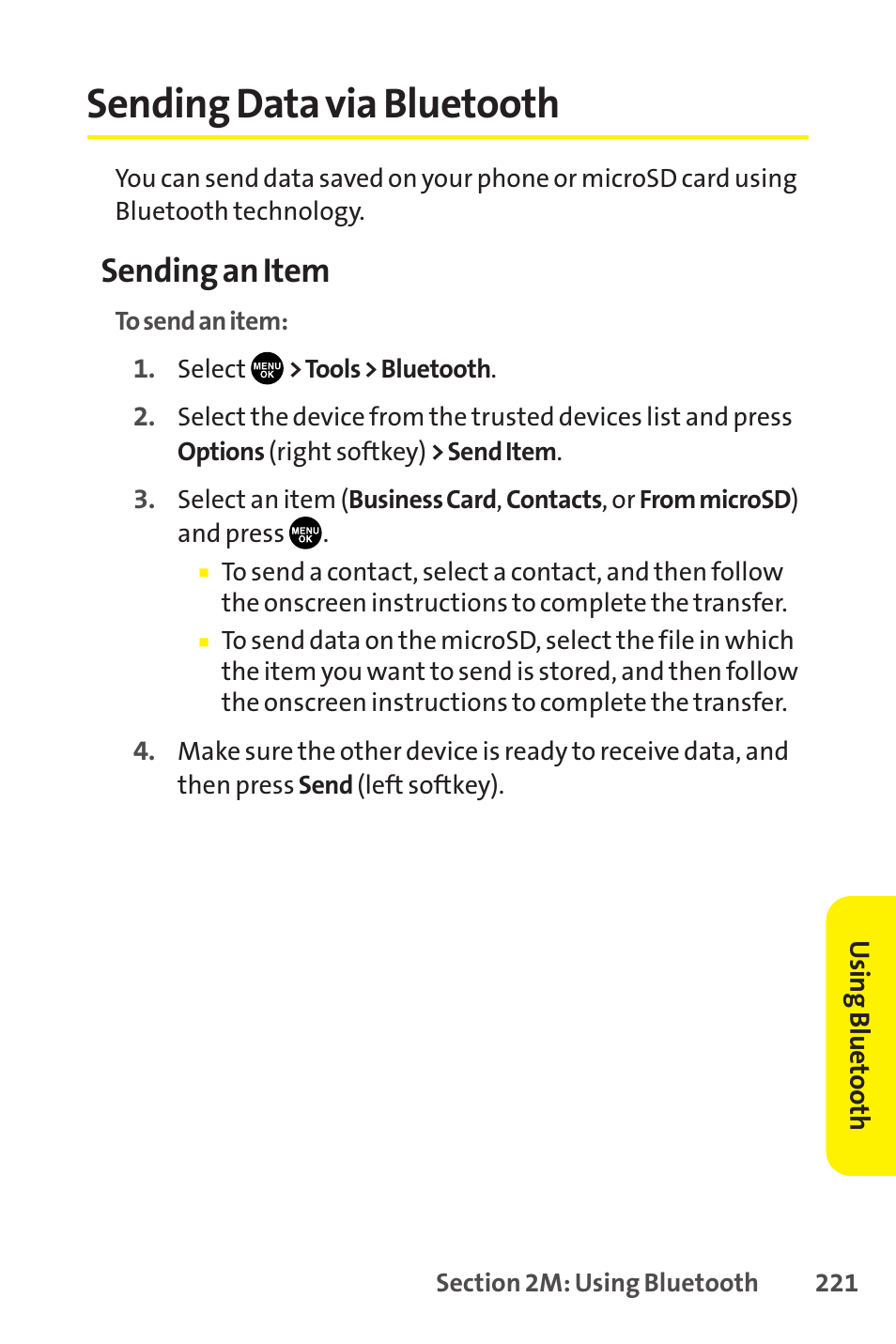 Sending data via bluetooth, Sending an item | Sprint Nextel SCP-8400 User Manual | Page 237 / 282