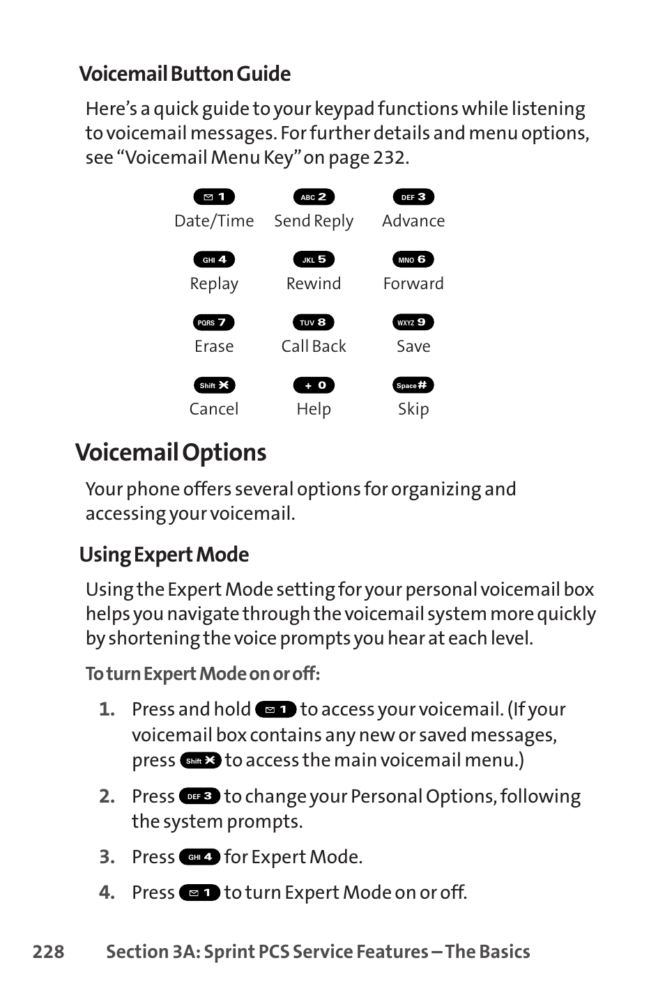 Voicemail options, Voicemail button guide, Using expert mode | Press for expert mode, Press to turn expert mode on or off | Sprint Nextel SCP-8400 User Manual | Page 244 / 282