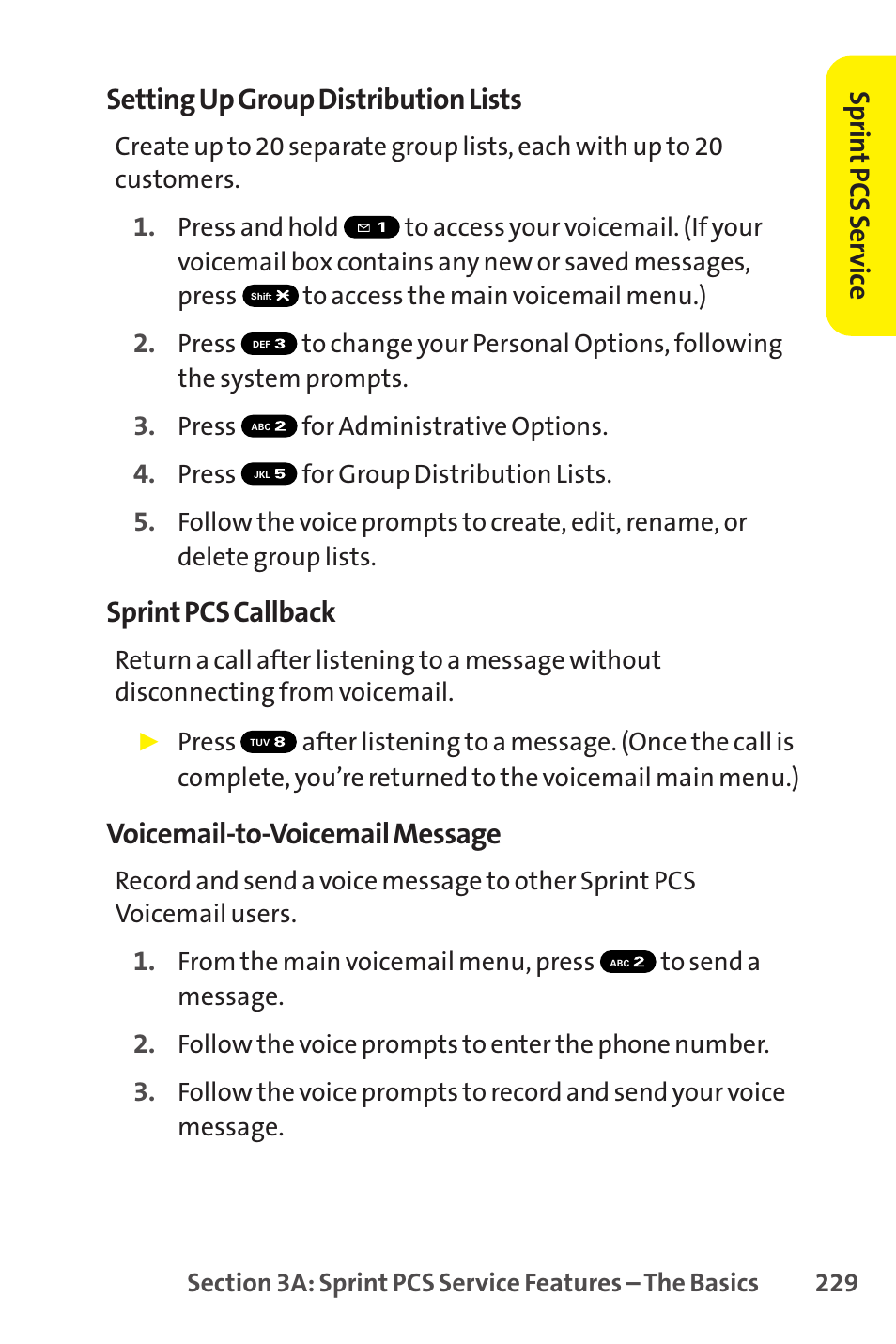 Setting up group distribution lists, Sprint pcs callback, Voicemail-to-voicemail message | Sprin t pcs ser vice | Sprint Nextel SCP-8400 User Manual | Page 245 / 282