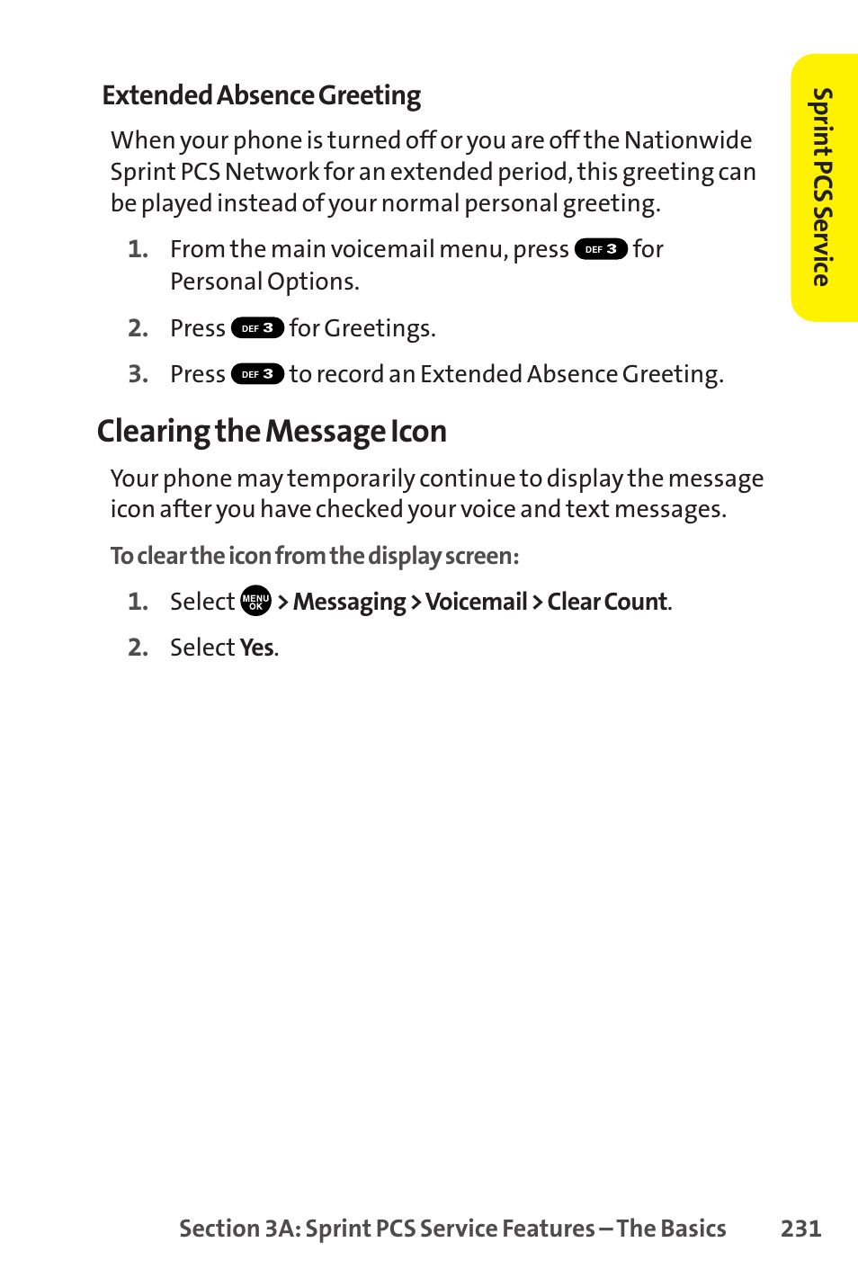 Clearing the message icon, Extended absence greeting | Sprint Nextel SCP-8400 User Manual | Page 247 / 282
