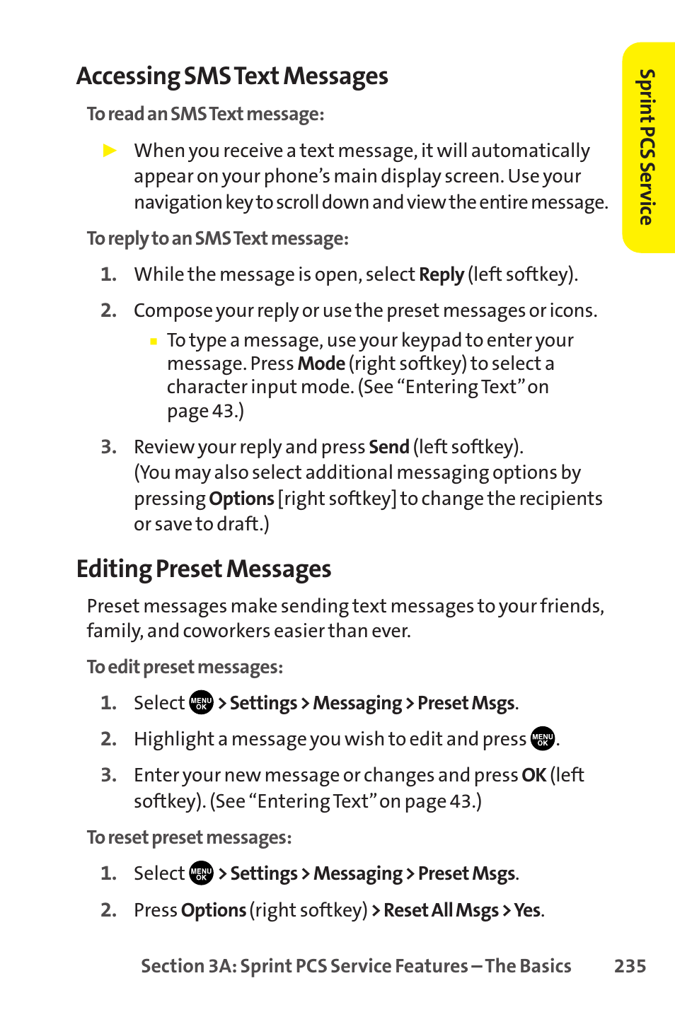 Accessing sms text messages, Editing preset messages | Sprint Nextel SCP-8400 User Manual | Page 251 / 282